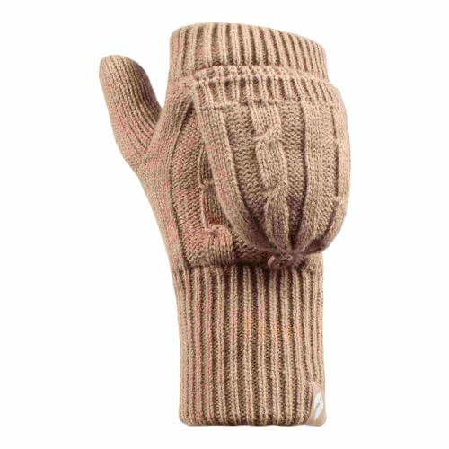 Heat Holders - Damen Thermo Fingerlose Handschuhe mit Fäustlinge Kappe | Winter Handschuhe mit Plüsch Fleecefutter (Einheitsgröße, Beige)
