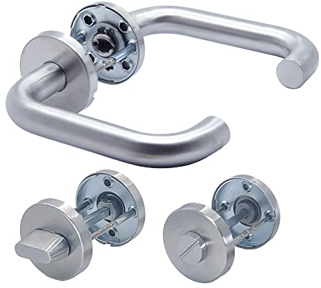APECS Door Handle Set Room Doors INOX Door Handle for Front Door and Internal Doors Door Fitting Round Rosette Fitting Stainless Steel Matt Handle Set U-Model H-0203+WC
