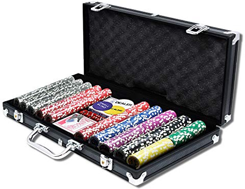 VA-Cerulean 500 chips pokerfodral, laserpokerchips med aluminiumhölje, inkl. 500 x högkvalitativa laserchip, 2 x pokerdäck, 5 x tärningar, 1 x återförsäljarknapp, 1 x liten blind, 1 x stor blind