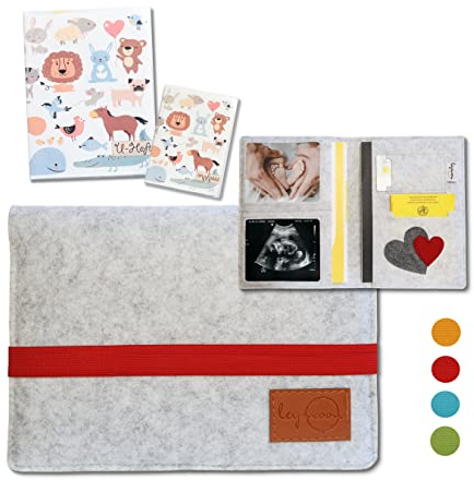 leymoon U Heft Hülle, Geschenk für Schwangere und Mama's mit vielen Fächern für Mutterpass, Ultraschallbilder, Kinder U-Heft, Impfpass uvm. (U Heft, Silbergrau-Rot)