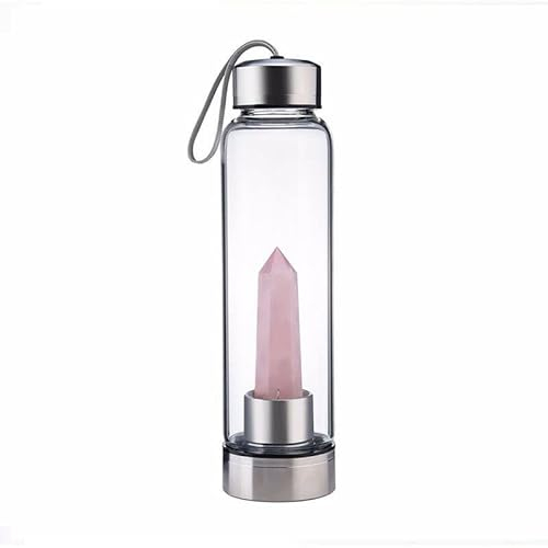 Glass Water Bottle Quartz Gem Straight Drinking Cup Glass Crystal Obelisk Wand Healing Elixir Gem Removable Natural Crystal Quartz Glass Water Bottle Healing Natural Quartz (Pink Crystal Pillar Cup)