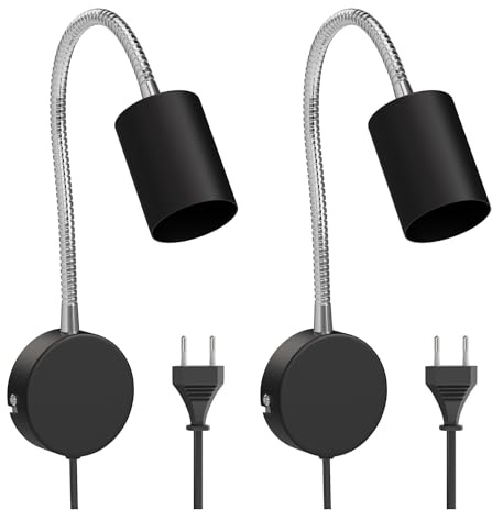 ledscom.de 2x Leselampe/Wandleuchte WAIKA, Schwanenhals, Schalter, Stecker, schwarz matt, 1x GU10 max. 15W
