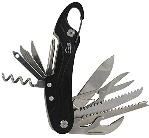 DIY TECH UK - 13 in 1 Pocket Multi Tool with UK Legal Folding Knife + Mini Multitool with Scissors, Corkscrew, Saw, Tin Opener, Screwdriver, Carabiner - Black - with Pouch