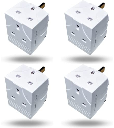 3 Way Multi Plug Adapter 13A 250V UK, Adapter plug uk, 3 Pin Outlet Splitter, Compact Power Extension Lead for Home Kitchen Travel, Multi Socket Plug, Double Adapter UK (Pack 4)
