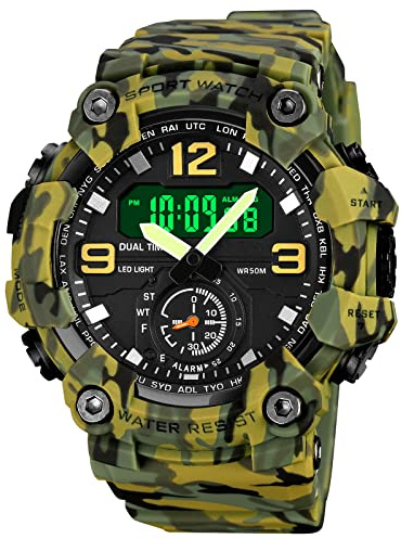 Forrader Reloj deportivo digital para hombre, resistente al agua, reloj militar con luz de fondo LED, cronómetro de cara grande, reloj de pulsera con alarma, Camuflaje verde militar 1965, Correa
