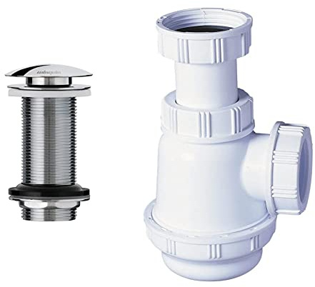 Wirquin 30723416 Bonde de lavabo design sans trop plein Quick Clac, chromé & SP3178 Siphon de lavabo/bidet à culot court, Blanc