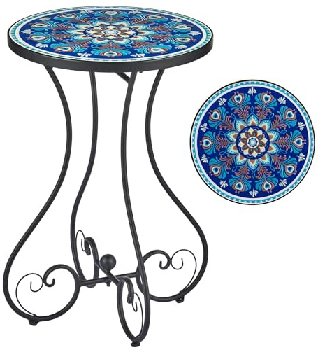 VONLUCE Mosaic Side Table 36cm Ceramic Tile Top, 53cm Tall Plant Stand,Blue | Round Small Accent Side Table Holds 50kg, Metal Frame, Plant Display, Coffee Table for Patio Balcony Living Room garden