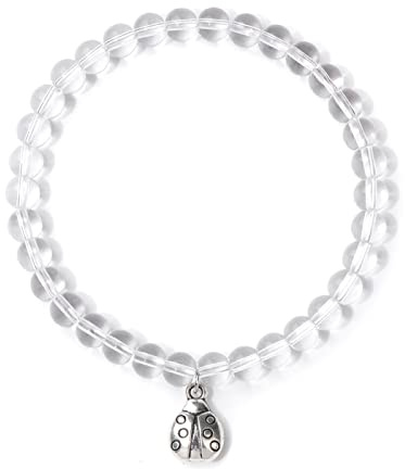 Silverfärg nyckelpiga armband för kvinnor män 6 mm pärlor agat kristall härligt damarmband lava insekt smycken, vitt glas, 23 cm