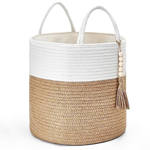 Mkono Cesto portaoggetti in tessuto, decorativo, in corda di legno, decorazione per coperte, giocattoli, vestiti, scarpe, organizer per piante con manici, decorazione per la casa del soggiorno, 28 cm