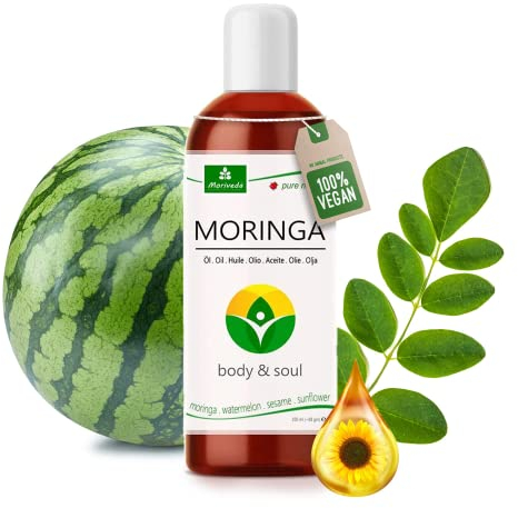 Moringa Öl Body & Soul 100ml - Kaltgepresste Premium Ölmischung mit Moringa, Wassermelone, Sesam und Oliven - Hautpflege Körperöl - Speiseöl von MoriVeda