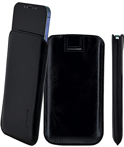 Suncase Original Leder Etui kompatibel mit iPhone 15 (6,1 Zoll) Hülle Tasche Ultra Slim Ledertasche Schutzhülle Case (mit Rückzuglasche) in schwarz