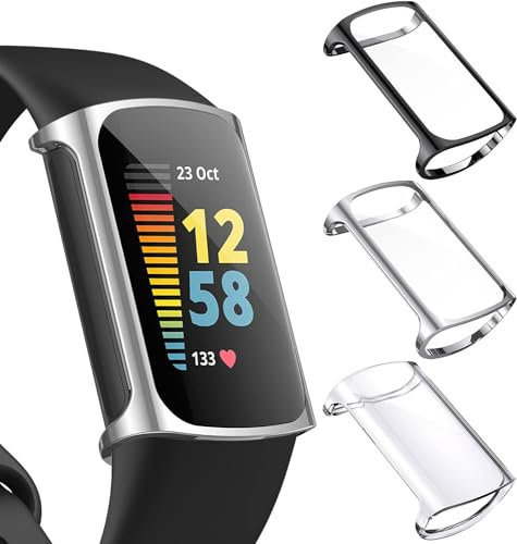 Compatible for Charge 6 Case, Blueshaweu All-Around Protective TPU Bumper Cover Screen Protector Case Cover Compatible for Fitbit Charge 6/Charge 5 Smartwatch (Clear+Silver+Black)