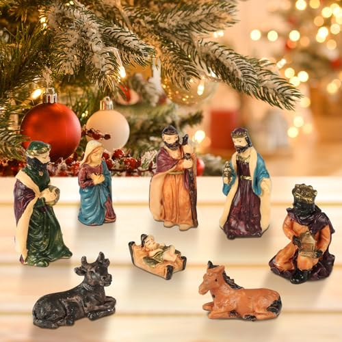 Matogle Weihnachtskrippe Krippenfiguren Holz 8 teilig Set Krippe Figuren Weihnachten Handbemalt Weihnachtsdekoration Krippenzubehör Weihnachtsdeko für Jesus Souvenir Weihnachten Deko