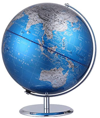 SYALEO Mappamondo Mappamondo con Vernice Metallizzata Mappamondo geografico educativo Blu Oceano con Arco e Base in Acciaio Inossidabile Globo con Rotazione Manuale a 360° per la casa World Globe