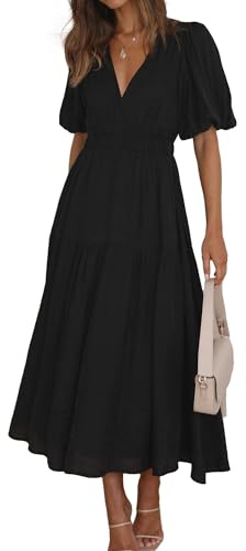 MessBebe Womens Summer Casual Maxi Dress V Neck Puff Sleeve Ruffled Solid Color Ruffle Beach Dress