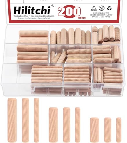 Hilitchi 200Pcs 9 Sizes Wooden Dowel Pins Set with Beveled Ends Tapered, M6 M8 M10 Straight Groove Fluted Wooden Dowel Pin Tapered Wood Pins Wood Pegs for Cabinets Door DIY Crafts