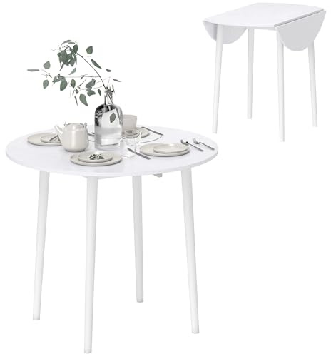 HOMCOM Folding Dining Table for 4 Round Drop Leaf Table, Modern, White