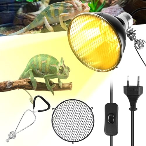 Reptiler värmelampa med lampskärm, E27-lampa, värmelampa, sköldpadda, 360° vridbar klämma utan glödlampa, reptiler, aluminium, reflektorlampa, terrarium, kupolhållare (svart, EU-kontakt)
