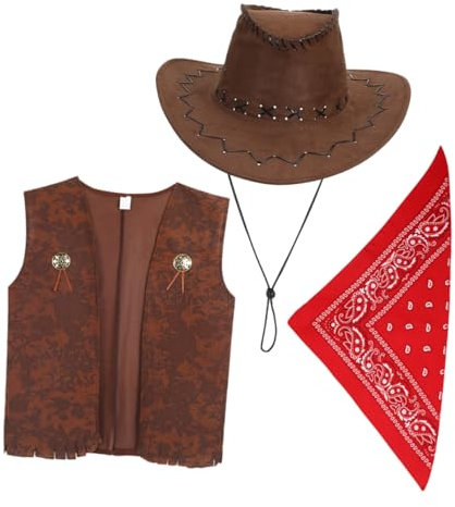 Toyvian Cowboy KostüM Kinder Set, Cowboyweste Kostüm Rollenspiel Hut Western Outfit Mit Weste Hut Und Halstuch Braune Kinderkostüm FüR Weihnachtsgeschenke Karneval Tanzparty Und Rollenspiele Braun
