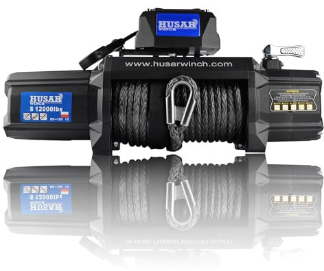 Husar Winch Treuil électrique 12000 lbs | 5443 kg 12V avec Corde Synthétique 26m x 10mm,Commande sans Fil,Transmission Planétaire à 3 étages,Idéal Pour,Véhicules Tout-Terrain,Véhicules 4x4,OFF-ROAD