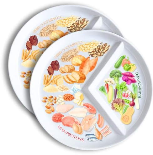 j&m Your Plate: plato de dieta dividida para control de porciones para adultos (paquete de 2) – Ideas únicas de sección estriada e alimentos, apto para lavavajillas
