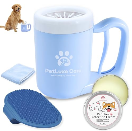 PetLuxe Care Dog Paw Cleaner, Paw Washer Cup with Soft Silicone Bristles, Portable Dog Foot Washer, 4-in-1 Paw Cleaner Kit with Paw Balm, Microfiber Towel & Grooming Brush (Blue, Medium)