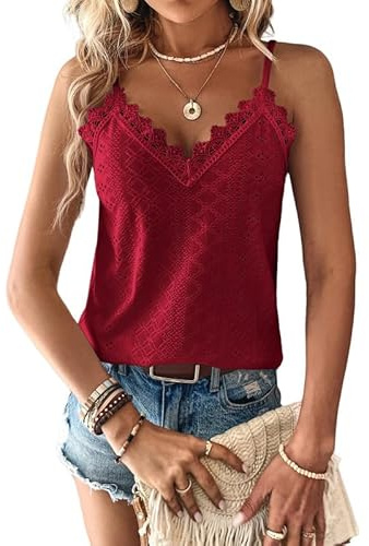 Haibang Vest Tops Women Lace Trim V Neck Ladies Summer Tops Tank Tops Sleeveless Spaghetti Strap Cami Top Eyelet Embroidery Camisole Loose Fit Blouse Shirt Burgundy