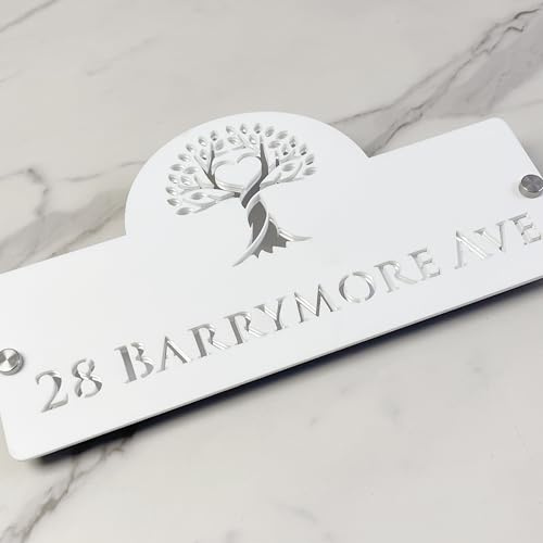 Personalisiertes Hausschild aus Acryl – individuelles Adressschild mit Baum-Design, modernes lasergeschnittenes Türnummernschild für Zuhause, wetterfestes Namensschild für den Außenbereich (mattes