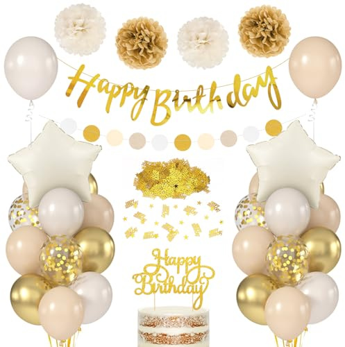 Deko Geburtstag Beige Gold, Geburtstagsdeko Mädchen Junge Frauen Mann, Luftballons Geburtstag Beige Gold, Happy Birthday Girlande Cake Topper, Pompons Papier für Geburtstagsparty Dekoration