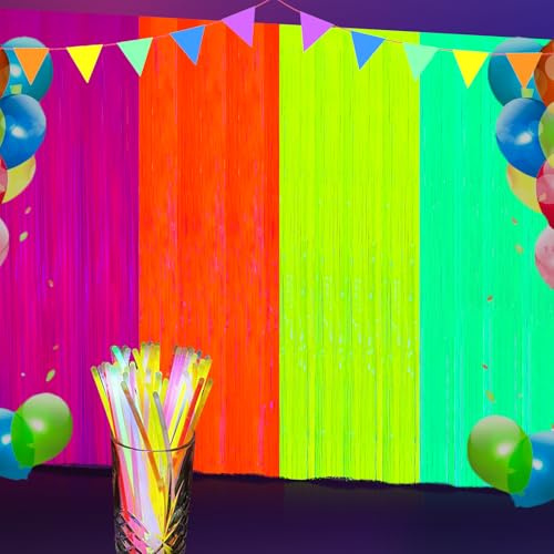 Neon Party Deko Set 4 Stück Schwarzlicht Party Deko mit 30 Knicklichter | 1m x 2m Neon Lametta Vorhänge Schwarzlicht Deko Disco Party Zubehör Fransenvorhänge für Hochzeit Geburtstag Fasching