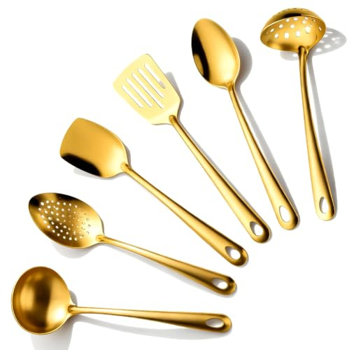 Köksredskap i guld set i 6 delar, salladsbestick guld, rostfritt stål köksredskap set, bestick serveringssats, köksverktyg spatel set, Home Essentials köksredskap tillbehör