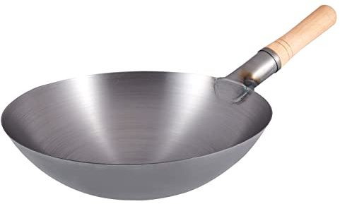 YHEIANJ Wok in Ferro forgiato a Mano, Wok Tradizionale Cinese in Acciaio al Carbonio martellato a Mano con Manico in Legno, Senza Rivestimento per Cucinare in Cucina, 34 cm,36cm