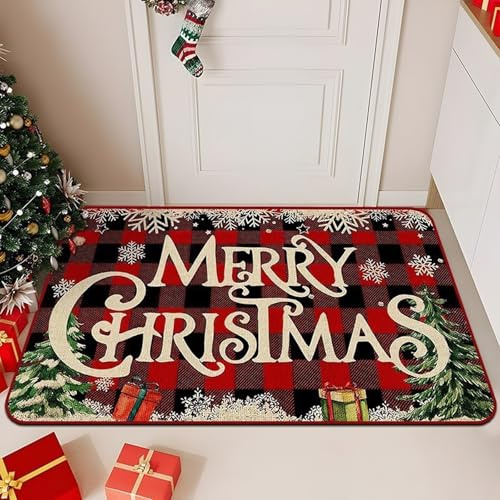 Christmas Decorations Door Mat Indoor and Outdoor Gifts and Trees Welcome Mat for Home Decoration Non Slip Backing Front Door Porch and Home Bathroom Merry Xmas and Happy New Years Doormat 40x60cm