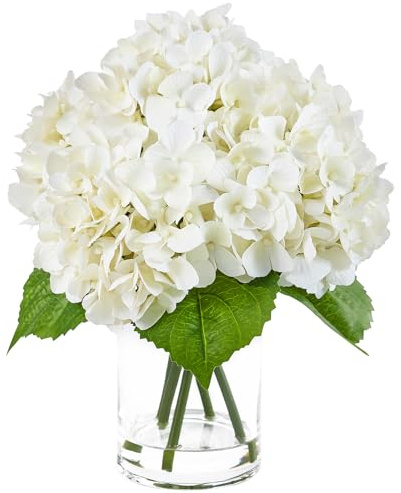 VeriNatural Hydrangea Artificial Flowers in Vase – 33 cm Fake Flowers with Faux Water, UV Resistant Silk Leaves Soft Plastic Petals – White Hydrangea Flowers for Home Table Living Room Decor