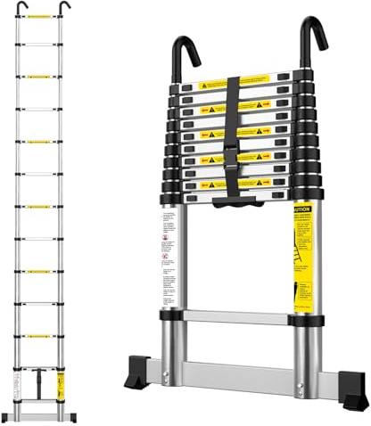 ApexSelect Teleskopleiter 3,8m Aluleiter Ausziehbar 13 Stufen | Ausziehbare Leiter mit Stabilisierungsstab, EN131,150kg, Klappbare Ausziehleiter für Haus, Dach, Dachboden, Wohnmobil