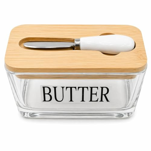 Butter Dish with Lid and Knife, Glass Butter Container with Wooden Lid, Built-in Knife Holder, Butter Keeper for Countertop or Fridge, Food Safe Storage Box (Light Brown Lid - Butter Dish)