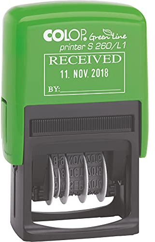 COLOP S260/L1 Green Line RECEIVED Date Stamp | 105639 | Eco-Friendly Text Dater | Self-Inking 45x54mm - Blue & Red Ink