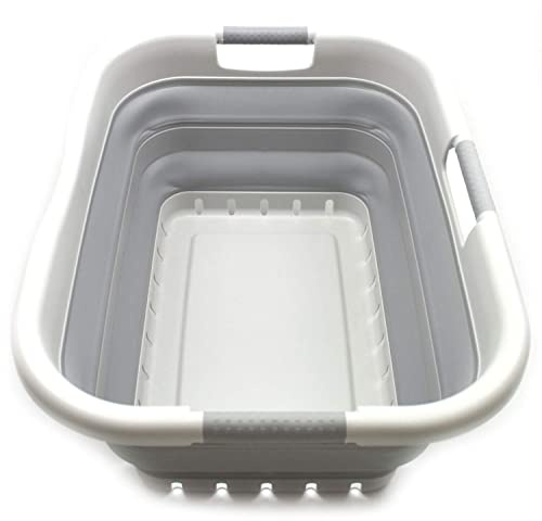 SAMMART 41L Collapsible 3 Handled Plastic Laundry Basket - Foldable Pop Up Storage Container/Organizer - Portable Washing Tub - Space Saving Hamper/Basket (3 rechteckig behandelt, Grau/Grau)