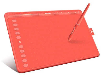 HUION HS611 Grafiktablett,10,2 x 6,36 Zoll Zeichentablett mit Multimedia-Tasten und Einer Touchleiste, 10 programmierbare Press-Tasten, Kompatibel mit Windows/MacOS/Android,Korallenrot