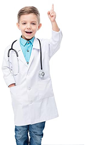 Waflyer Kinder Arztkitel Laborkitel Unisex Weiß Kostüm Baumwolle Schutzkleidung mit knöpfen und Tasche Junge Mädchen Langarm Laborkitel Medizin Uniform für Arbeit, Studium,Labor