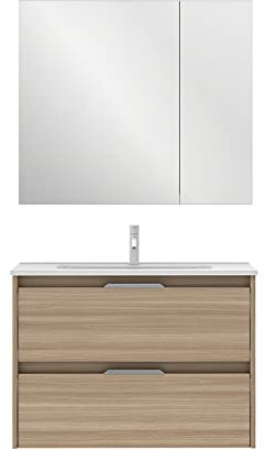 AMIZUVA Suki Mueble de baño, Acabado en Nogal Arenado, con 2 cajones y Anchura de 80 cms; Incluye Lavabo cerámico