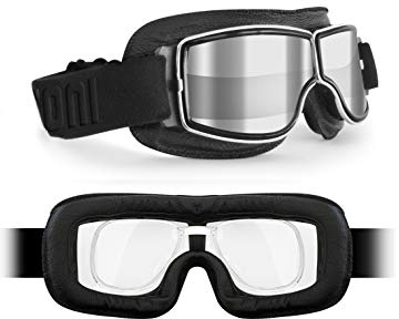 BERTONI Motorradbrille Schutzbrille für Harley Davidson Chopper und Scrambler aus schwarzem Leder und Chrom Rahmen mod. 188 (Transparente Silberspiegel Linse + Optischer Adapter)
