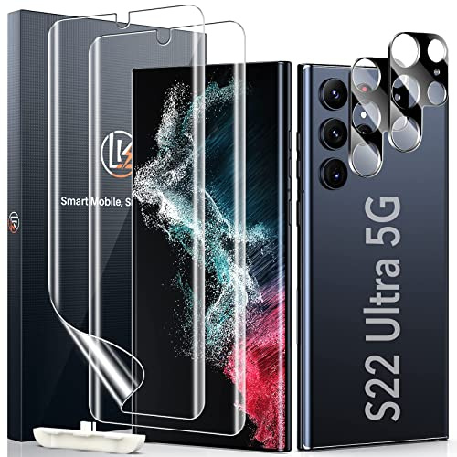LK 2+2 Stück Schutzfolie für Samsung Galaxy S22 Ultra | 2 Stück Displayschutzfolie [Kein Glas] + 2 Kameraschutz, 3D Vollabdeckung, Blasenfrei, Fingerabdruck Entsperrbar, HD Klar
