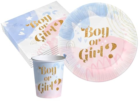 Kit Vaisselle de Fête Gender Reveal Boy or Girl pour 24 personnes (88 pcs: 24 assiettes Ø18cm, 24 gobelets 250ml, 40 serviettes 33x33cm) en papier compostable eco-friendly