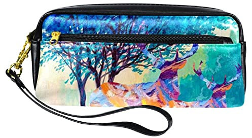 Ölgemälde Hirsche Federmäppchen Stifttasche Tasche PU Leder Schreibwaren Tasche mit Reißverschluss für Jungen Mädchen Schule & Bürobedarf, multi, 20.5x5x8.5cm/8.1x2x3.3in, Taschen-Organizer