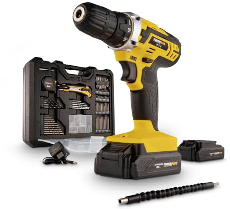 Powerplus Akkuschrauber & Akkubohrer POWX00830-20 V Schraubendreher & Bohrer, Inkl. 2 x 20 V Akkus und Ladegerät, 134-teiliger Werkzeugkoffer mit Schrauberbits, für Holz, Stein und Metall