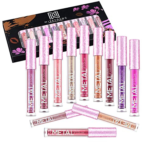 MKNZOME Lipgloss Set, 12 Farben Metallic Matt Flüssige Lippenstifte Lip Stains Kit, Wasserfeste Langlebige Moisturizing Antihaft-Tasse, Glitzer Lippen Farbton Set als Geschenke für Mädchen und Frauen