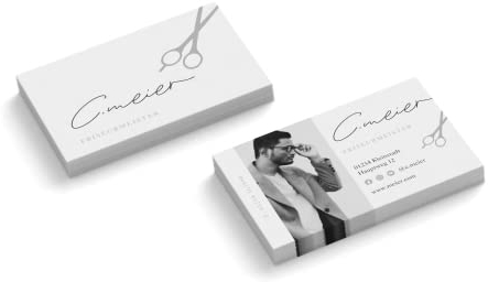 Visitenkarten personalisiert | mit Foto | Design Friseur | 2-seitig | Querformat | Menge + Farbe + Papier zur Auswahl | selbst gestalten | hochwertiger Druck (Grau, 50 Stück)