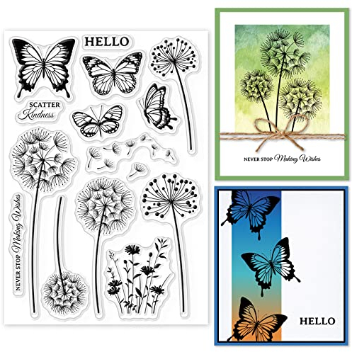 GLOBLELAND Transparente Stempel mit Schmetterlingslöwenzahn, für Bastelarbeiten, Scrapbooking, Wildblumen-Silhouette, Silikon, transparent, für Kartenherstellung, Fotoalbum, Tagebuch, Heimdekoration