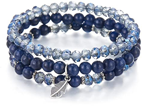 Noessla Stackable Crystal Beaded Bracelets for Women Boho Multi Layer Stretch Bracelets Natural Stone Bead Bracelet with Leaf Charm Jewelry for Women(Dark blue)